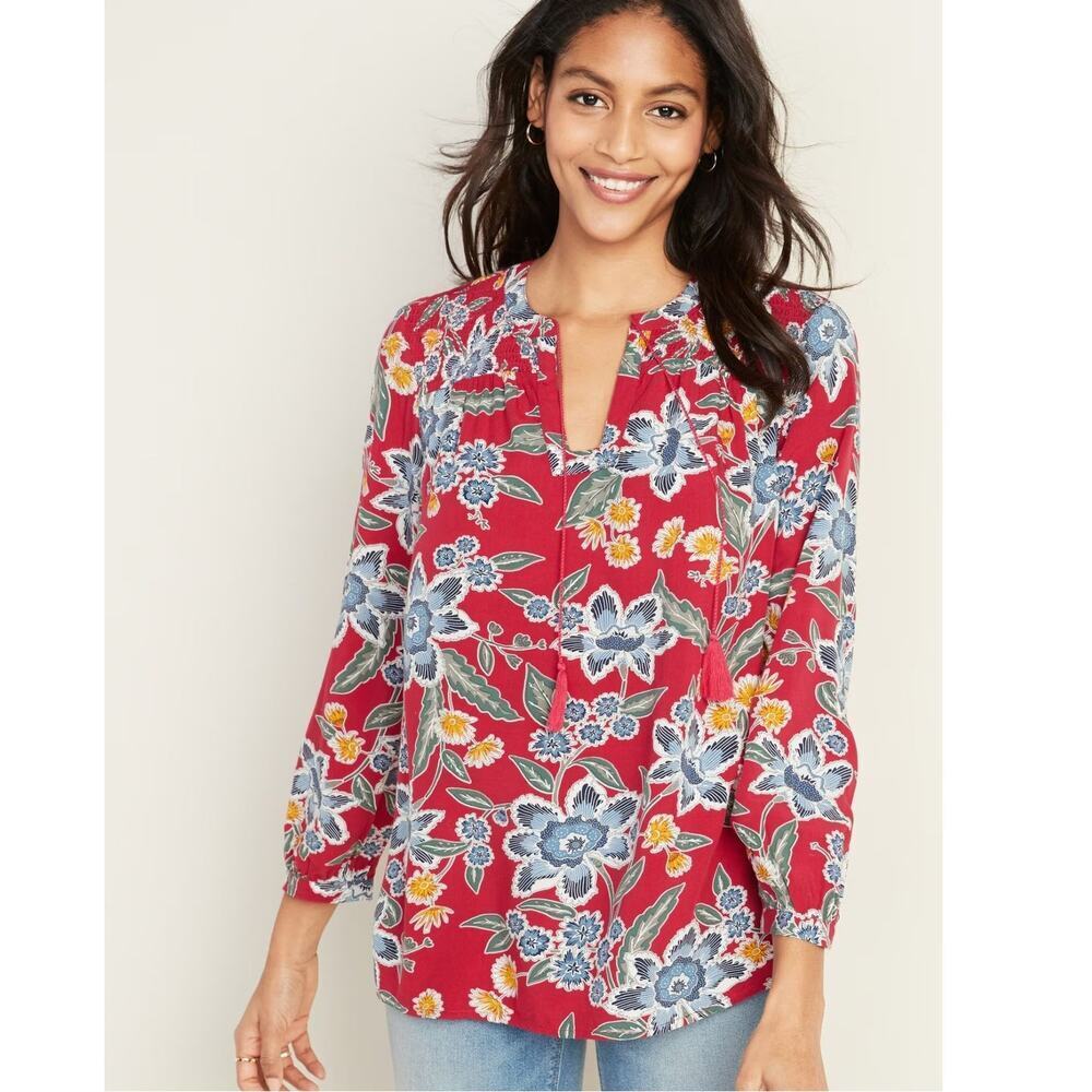Old Navy Boho Tassel Floral Top Blouse Long Sleeve Sz 2X‎ Rayon Split Neck Red